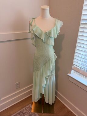 En Saison Mint Green Jacquard & Chiffon Ruffle Maxi Dress – Size Medium